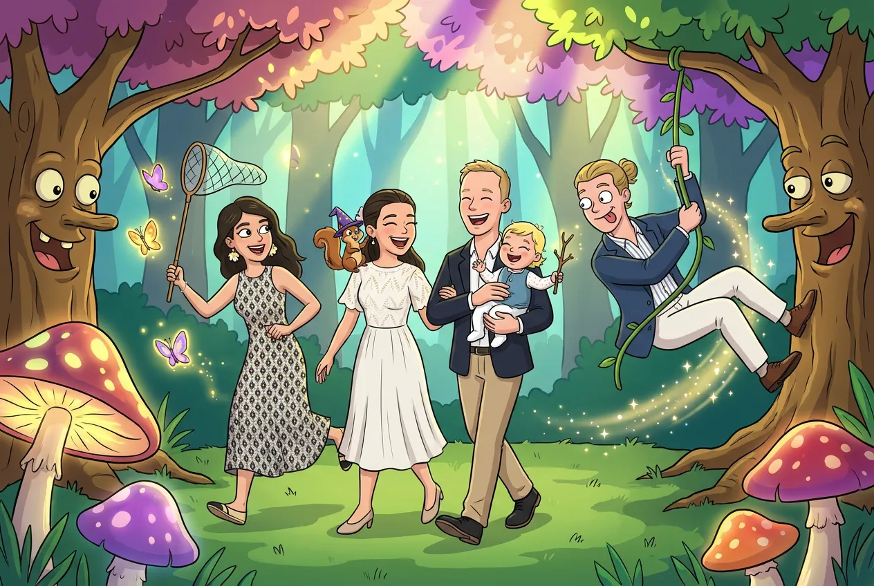 The whole crew in the enchanted beech forest